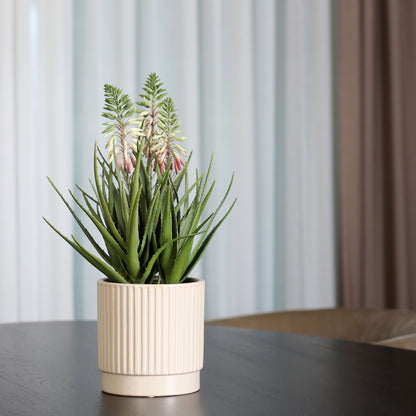 Künstliche Aloe von Lumisa’s Choice in beigem Keramiktopf auf auf schwarzem Tisch.