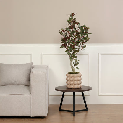 Künstliche Grünpflanze Carpensia von Lumisa’s Choice in beigem Bubble-Keramiktopf auf rundem Beistelltisch neben Sofa.