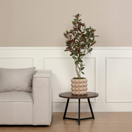 Künstliche Grünpflanze Carpensia von Lumisa’s Choice in beigem Bubble-Keramiktopf auf rundem Beistelltisch neben Sofa.