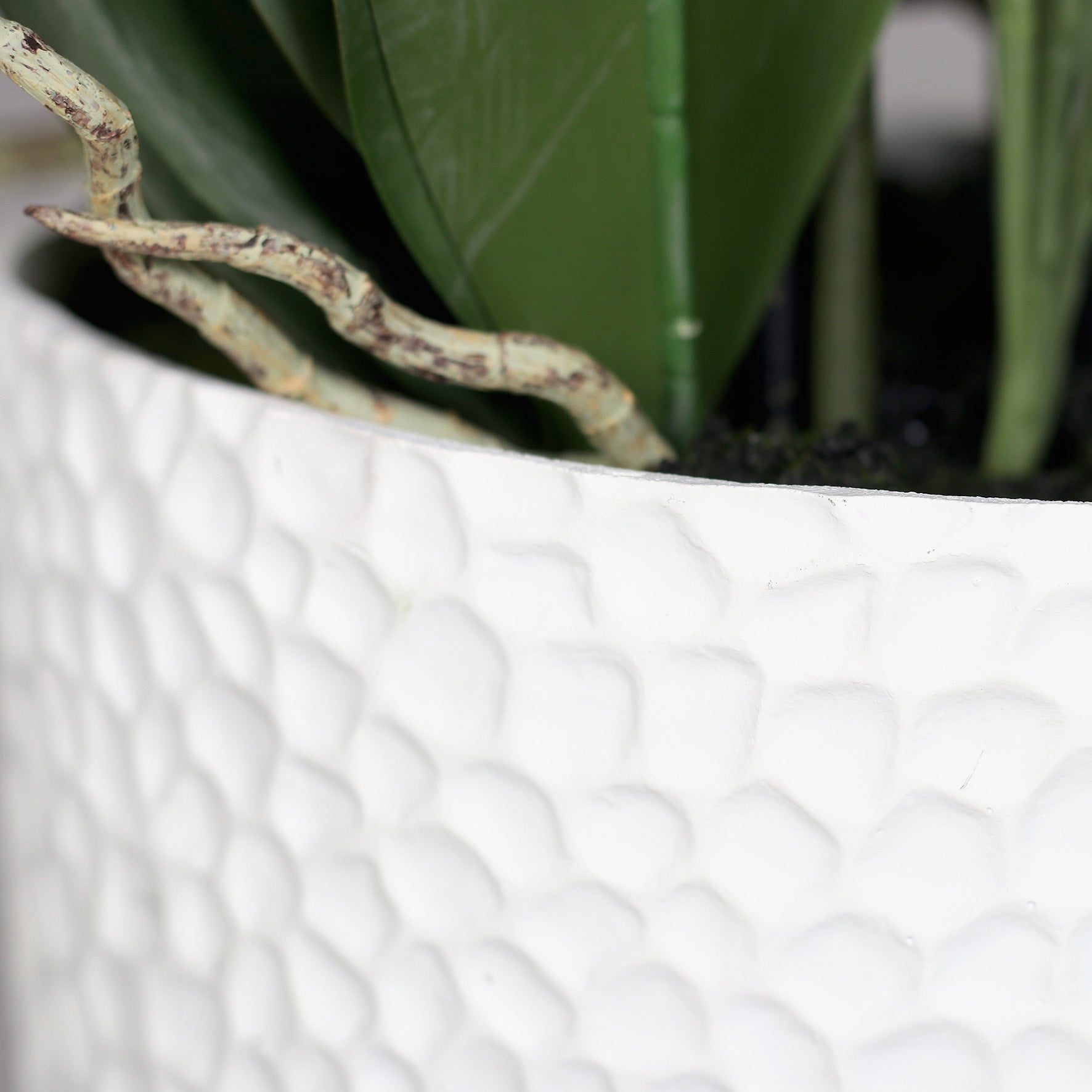 Detailaufnahme weiße Topfstruktur künstliche Elegance Orchidee klein
