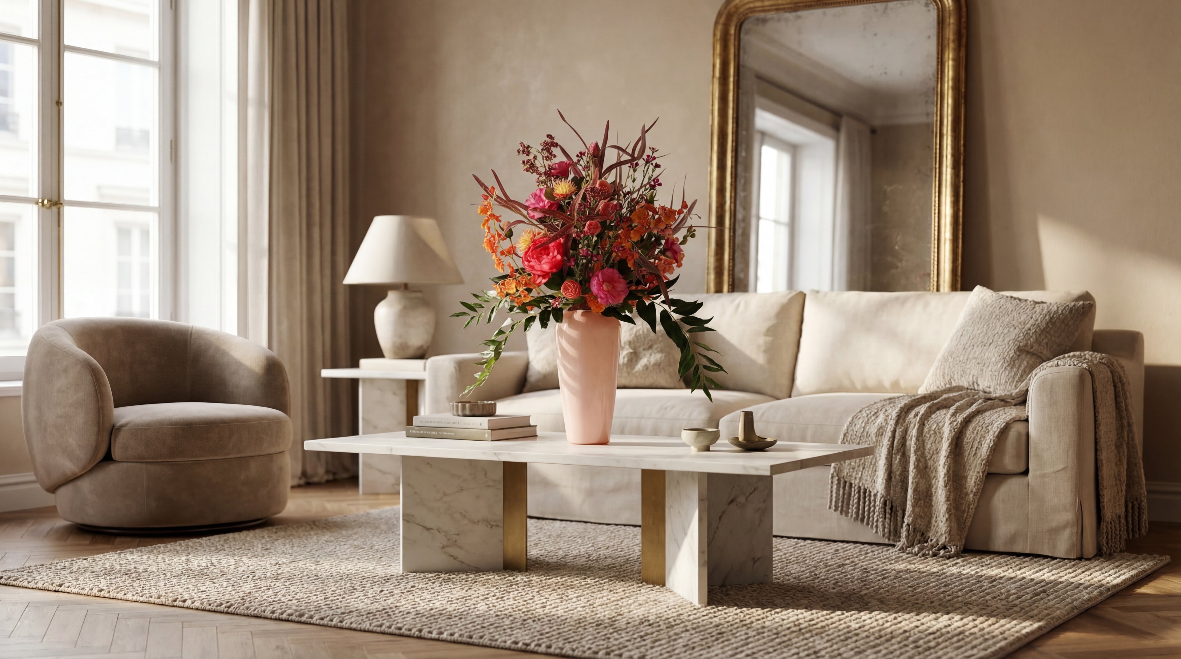 Künstlicher Blumenstrauß Flower Cocktail im hochwertigen Wohnzimmer Interior