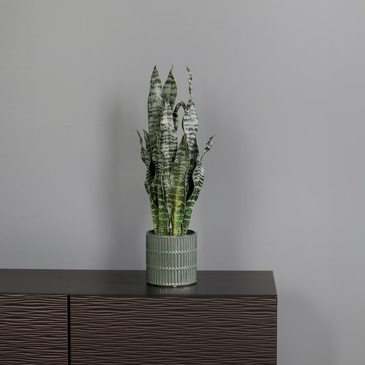 Künstliche Grünpflanze Sansevieria von Lumisa’s Choice in grünem Keramiktopf auf dunklem Sideboard vor grauer Wand.