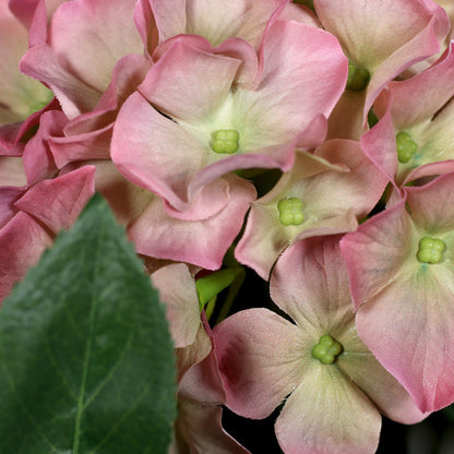Detailaufnahme moderner künstlicher Hortensienblüten in pink