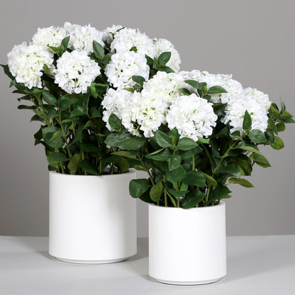 Zwei künstliche Premium Hortensien-Arrangements im Topf weiß auf Tisch