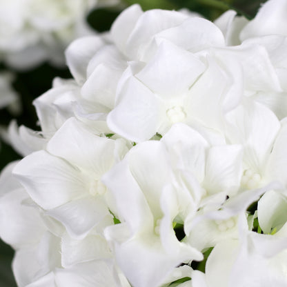 Künstliche hochwertige Blüten eines weißen Hortensien-Arrangements
