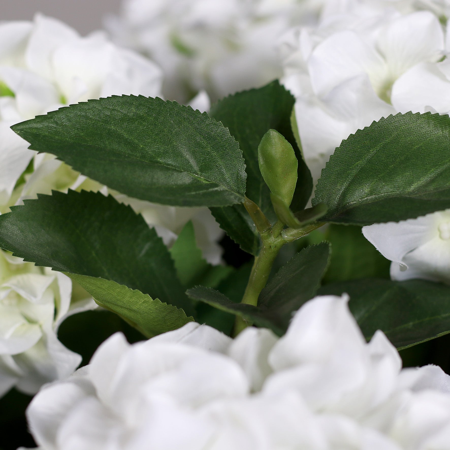 Künstliche hochwertige Blätter und Blüten eines weißen Hortensien-Arrangements