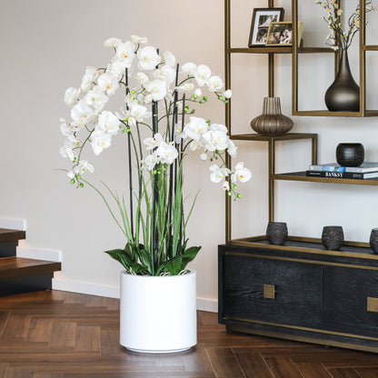 Künstliche Statement Orchidee mit weißen Topf im Wohnzimmer Interior 134 cm